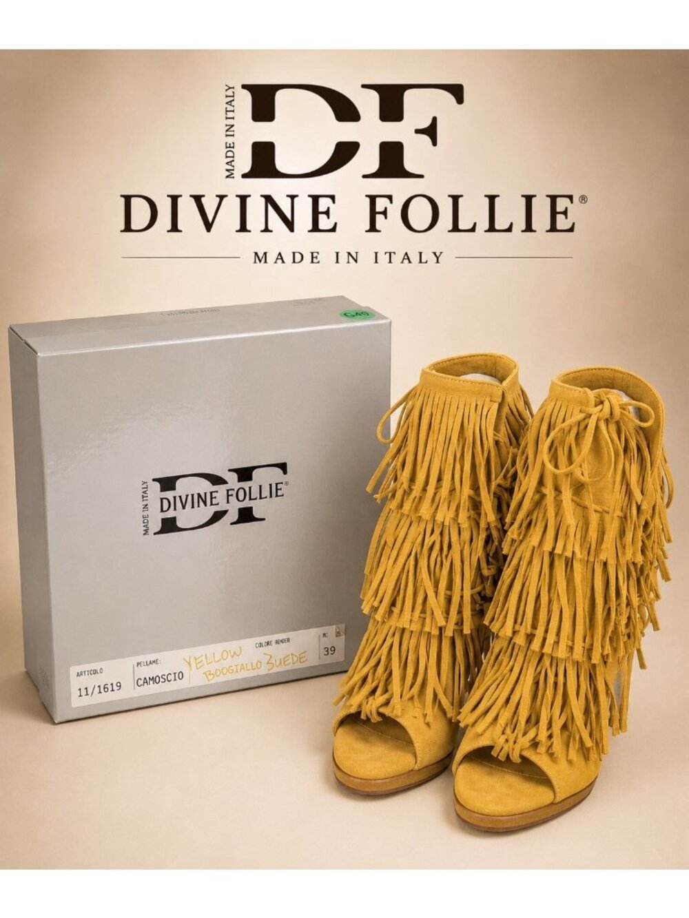 Divine Follie Yellow Suede Fringe Lace-Up Peep Toe Ankle Boots IT 39 Made in Ita